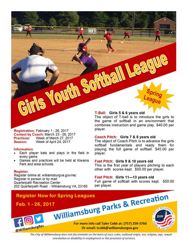 WilliamsburgRec Youth Girls Softball League ages 6 to 13