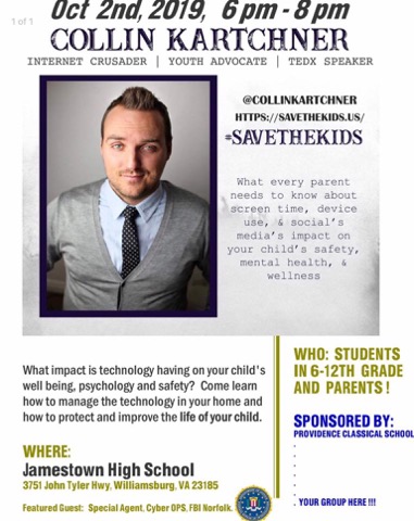 Flyer for Colin Kartchner's event on how to protect your children from the dangers of technology