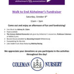 Coleman Nursery's Walk to End Alzheimer's Fundraiser - Afternoon of Family Fun for a Great Cause on Oct. 8!