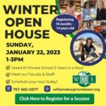 Winter Open House at Williamsburg Montessori School  - January 22, 2023 from 1 - 3 pm - Sign up for a 30 minute session!